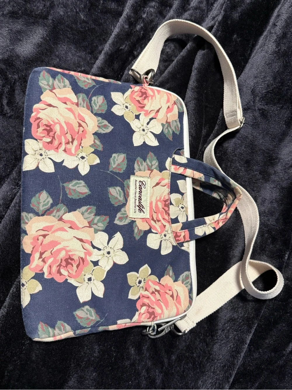 Canvas Floral Laptop Bag with Pink Rose Print - Unbranded